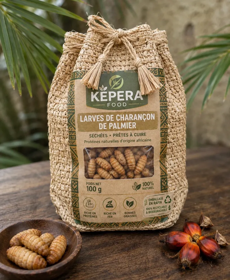 Sachet en rafia tressé Kepera Food de larves de charançon du palmier, posé sur une table en bois à côté de noix de palme.